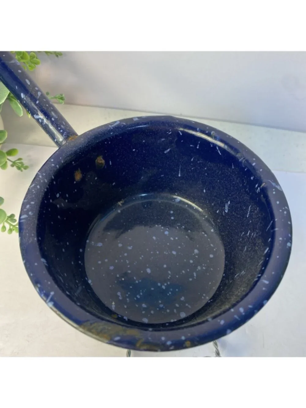 Vintage Blue Speckled Enamelware Farmhouse Dipper Ladle Decor Flat Bottom
